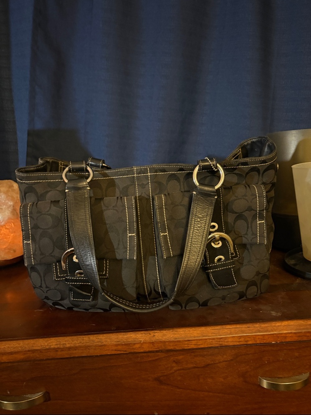 Coach Black Signature Canvas Shoulder Bag with Leather Trim